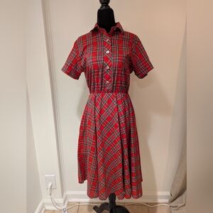 Vintage 1980s Bedford Fair Red Plaid Button Top Dress Elastic Waist Short Sleeve